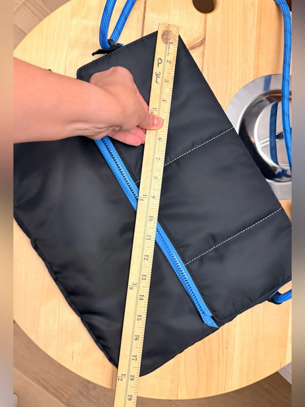 Black Messenger Bag for tablet or laptop with blue rope style shoulder strap